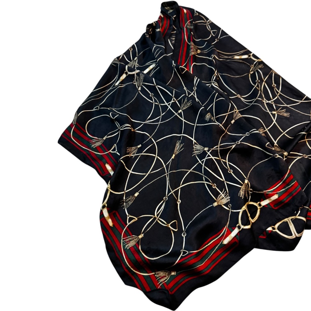Vintage Equestrian Silk Scarf Women OS Black‎ Red Green Horse Bit Tassel Good - Picture 2 of 7
